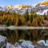 L'automne au lac Miroir, dans le Queyras près de Ceillac, où les reflets des montagnes et les couleurs flamboyantes des mélèzes créent une symétrie parfaite et une ambiance envoûtante. Automne en reflet dans le lac Miroir dans le massif du Queyras, reflets de mélèzes et couleurs flamboyantes - Vente de tirages décoratifs par Gaëtan Michel