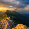Les dernières lueurs du soleil illuminent le massif des Bauges, offrant une ambiance alpine douce et mystérieuse. Dernières lueurs sur le massif des Bauges, paysages alpins au coucher de soleil - Vente de photos par Gaëtan Michel