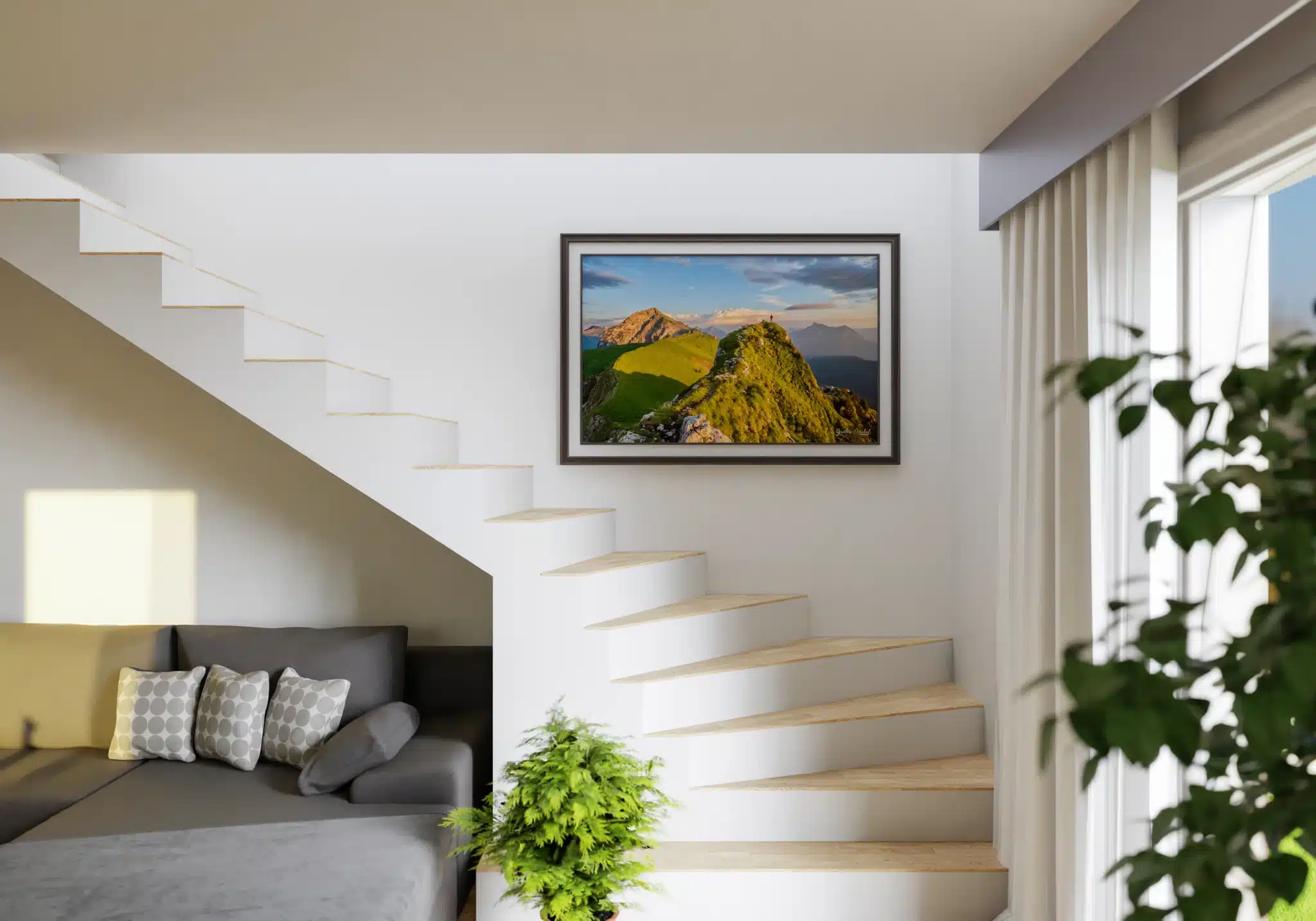 Tableau de la Dent des Portes dans les Bauges encadré dans un escalier - Décoration montagne par Gaëtan Michel