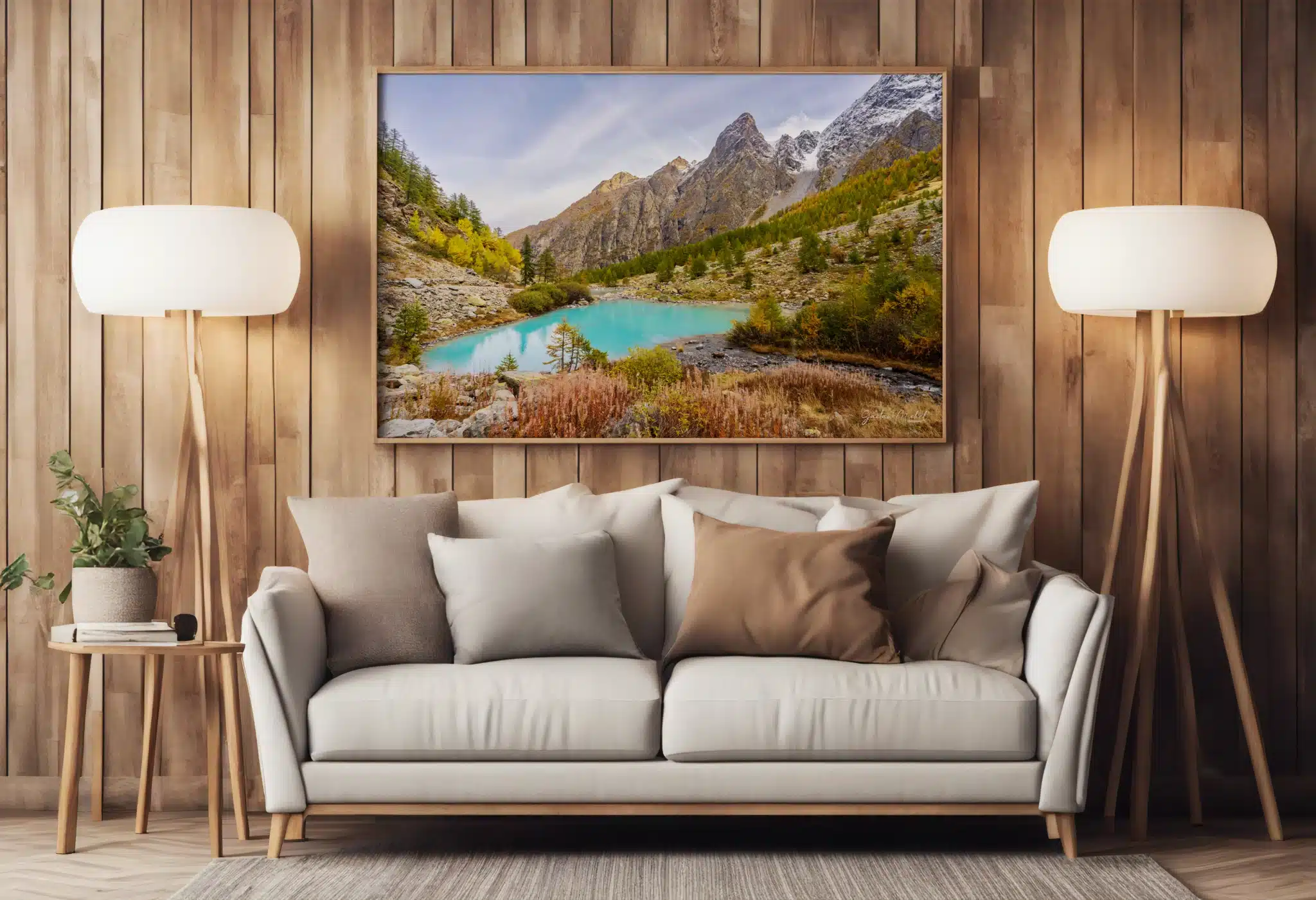 Le Lac de la Douche, joyau des Écrins, encadré pour sublimer ses eaux turquoise et ses forêts automnales. Une photographie décorative de Gaëtan Michel, prête à orner votre intérieur avec la magie des paysages alpins. Lac de la Douche (Écrins) encadré, eaux turquoise et paysages alpins automnaux - Photo décorative par Gaëtan Michel