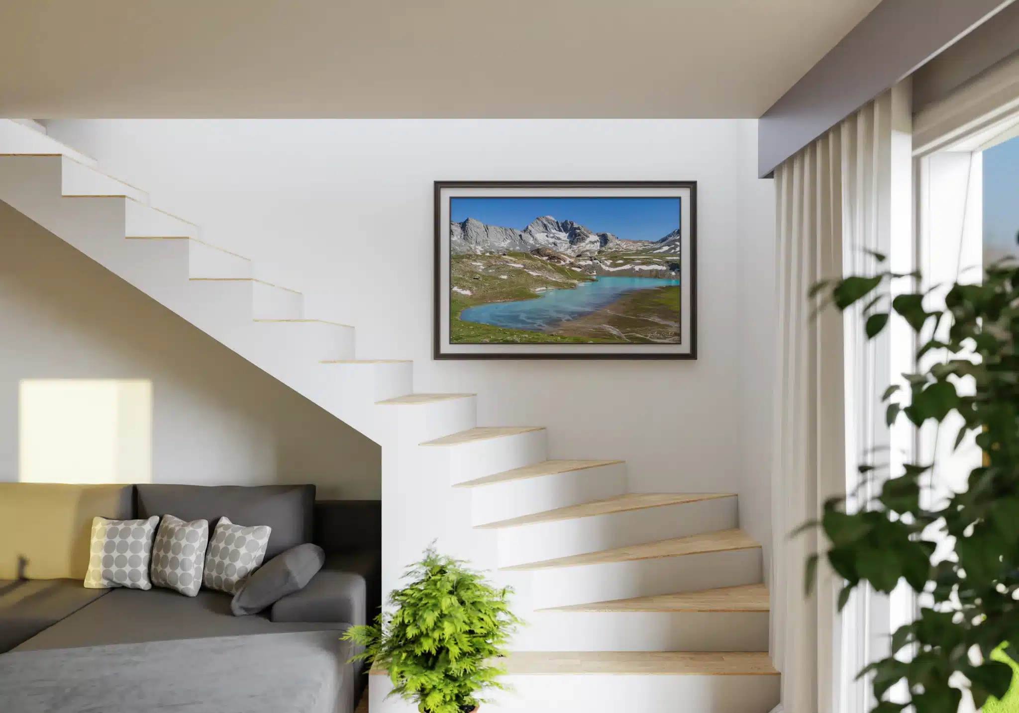 Tableau du Lac Blanc en Vanoise encadré dans un escalier moderne - Décoration montagne par Gaëtan Michel