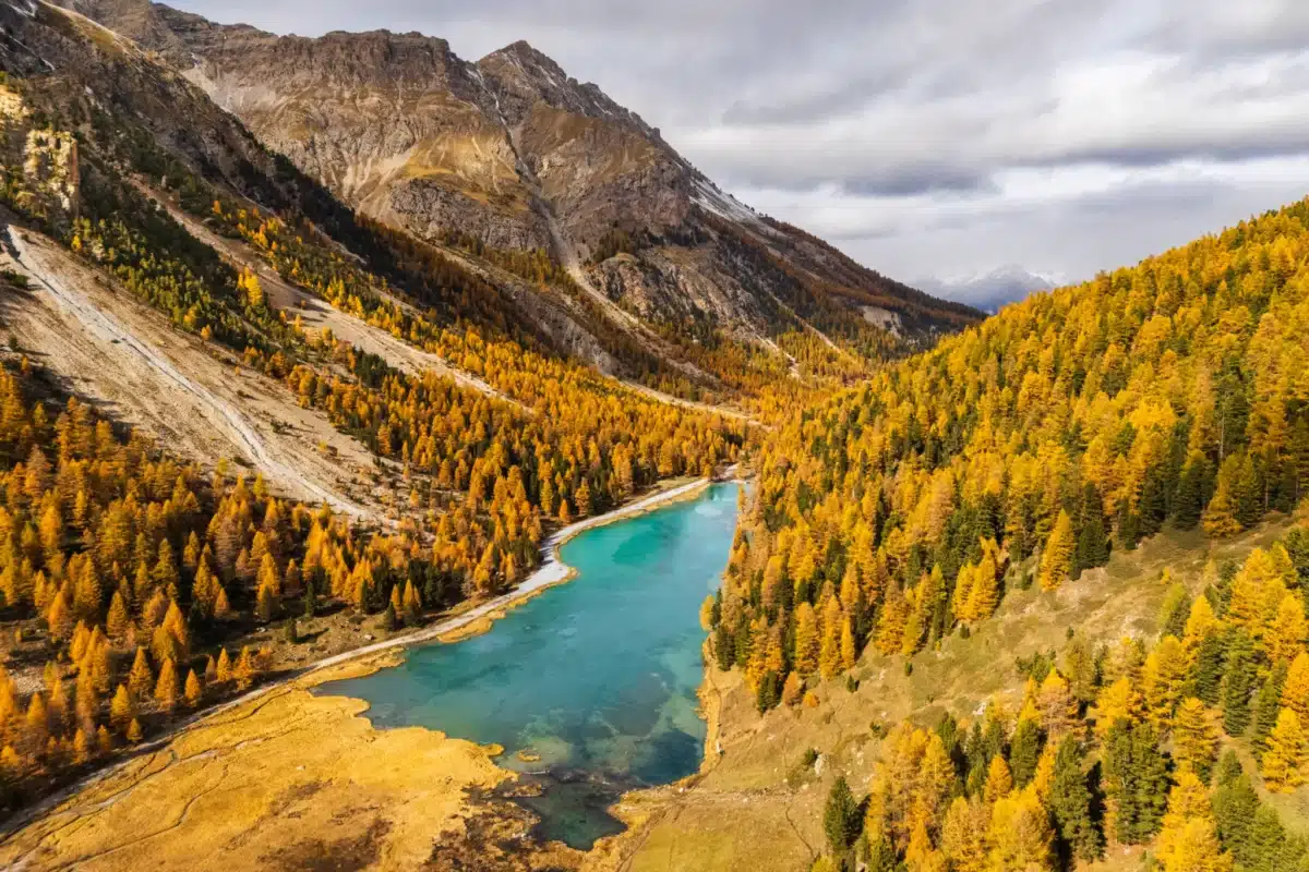 Mockup d’une photo du lac d’Orceyrette aux eaux turquoise entouré de mélèzes dorés en automne.